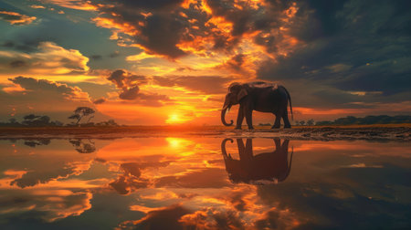 Elephant in the sunset with reflection in the water, Thailand.の素材