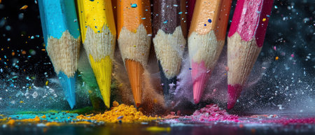 Colorful pencils and powder explosion on black background. Back to school conceptの素材