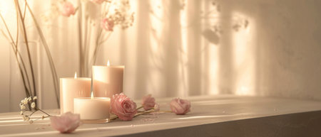 Two burning candles on the windowsill with pink roses and gypsophilaの素材