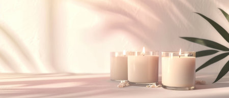 Burning candles on white table with palm leaves shadows, banner designの素材