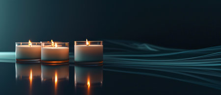 3d rendering of three burning candles in the dark with waves in the backgroundの素材