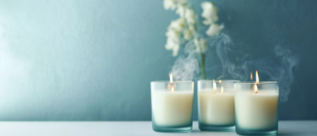 Three burning candles with lily of the valley flowers on blue backgroundの素材