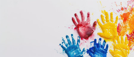 Colorful hand prints on a white background. The concept of children's creativity.の素材