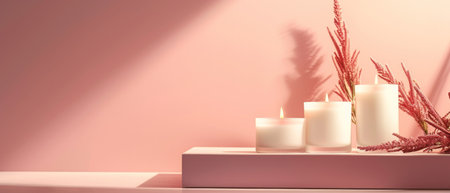 3d rendering of white candles on pink shelf with shadow on wallの素材