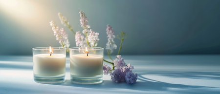 Two candles and lilac flowers on a blue background. Copy space.の素材