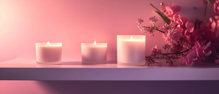 Burning candles on shelf with pink flowers in the background. 3d renderingの素材
