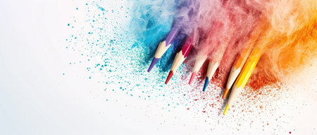 Colored pencils with colored powder on a white background. Creative conceptの素材