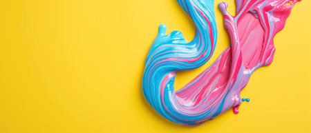 Colorful nail polish on yellow background. Top view with copy spaceの素材