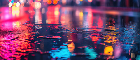 Raindrops on the floor in the city. Abstract background with bokeh effect.の素材