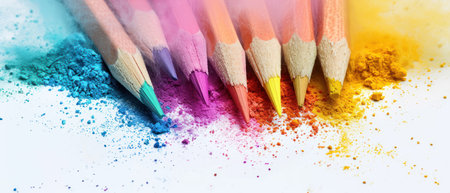 Colorful crayons and powder on white background, close upの素材