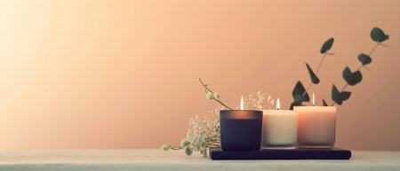 Burning candles with eucalyptus branches on white wooden tableの素材