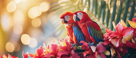 Colorful macaw parrots sitting on the tree with blurred backgroundの素材
