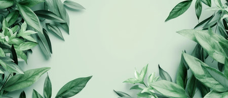 Creative layout made of green leaves on pastel background. Flat lay, top view minimal nature concept.の素材