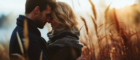Young couple in love hugging in a wheat field at sunset. Soft focus.の素材