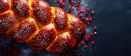 Sweet braided bread with raisins and sugar sprinkles on a dark backgroundの素材