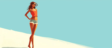 Young woman in a swimsuit on the beach. Vector illustration.の素材