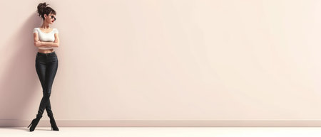 Beautiful young woman standing in an empty room with copyspaceの素材