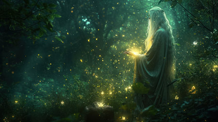 Mystical image of a witch in the forest at night.の素材