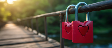 Love padlock with heart shape on wooden bridge over the river.の素材