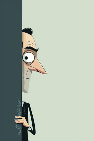 Cartoon illustration of a businessman looking through a hole in a wallの素材