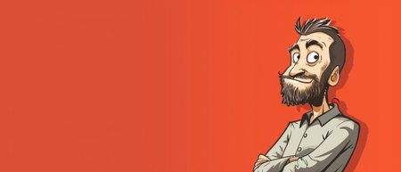 Hipster man with beard and mustache on a red background.の素材