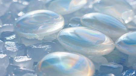 Macro shot of natural gemstones on ice with shallow depth of fieldの素材