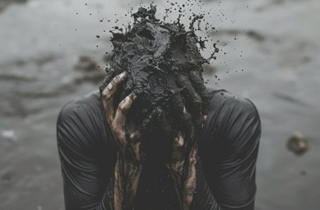 Young woman in black mud covering her face with her hands at the beachの素材