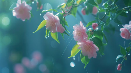 Beautiful pink sakura flowers with water drops on green background.の素材