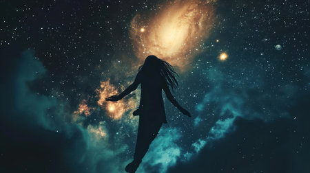 Surreal image of woman in space. Mixed media. Mixed mediaの素材