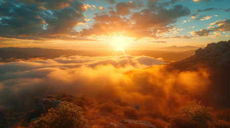 Sunrise over the clouds in the mountains. Crimea. Ukraine.の素材