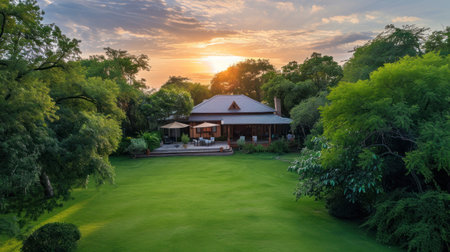 Beautiful sunset in the park with grass, trees and wooden houseの素材
