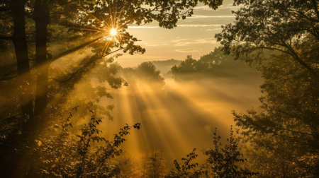 Sunset in the forest with fog and sunbeams in summerの素材