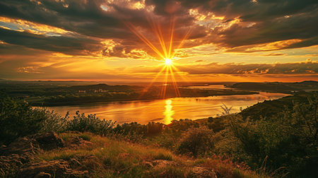 Sunset over the river Dniester in summer, Ukraineの素材