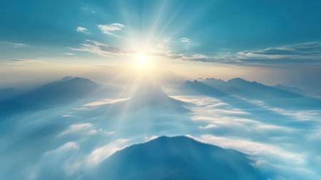 Sunrise over the clouds in the blue sky. 3d renderの素材