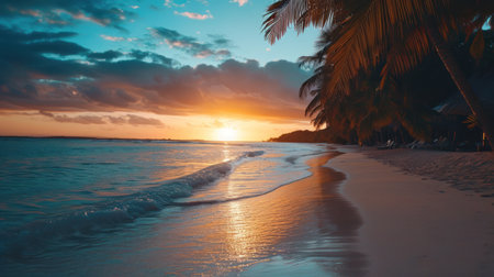 Tropical sunset on the beach at Seychelles.の素材