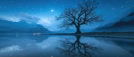 Landscape of lake and old tree at night. Panorama.の素材