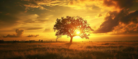 Silhouette of a tree in a field at sunset. 3d renderingの素材