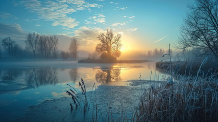 Foggy winter morning on the river. Panoramic view.の素材