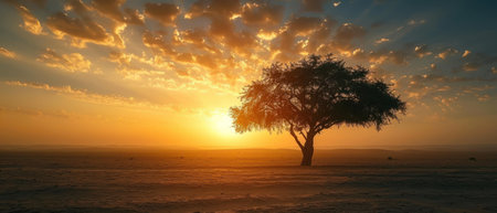 Beautiful sunset over a lonely tree in the Sahara desert, Moroccoの素材