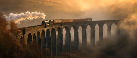 Train passing over a viaduct in the morning light. Panoramaの素材