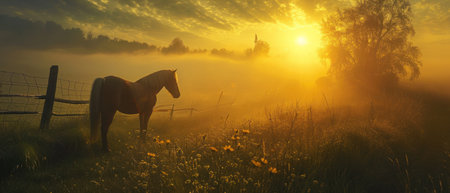 Horse in the meadow at sunrise, panoramic viewの素材
