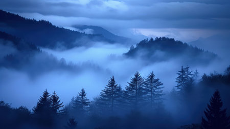 Foggy morning in the Carpathian mountains, Ukraine.の素材