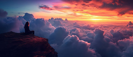 Silhouette of a woman sitting on the edge of a cliff above the clouds at sunsetの素材
