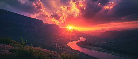 Sunset over the river. Panoramic view. 3d renderの素材