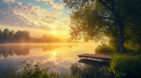 Foggy morning on the lake. Beautiful summer landscape with a lake.の素材