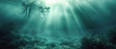 Underwater panorama of a tropical forest with sunbeams.の素材