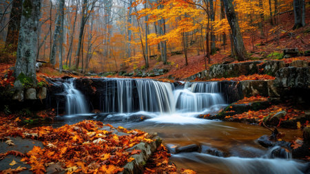 Autumn waterfall in the forest. Beautiful landscape with falling leaves.の素材