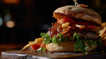 Closeup of tasty hamburger on wooden board, shallow depth of fieldの素材
