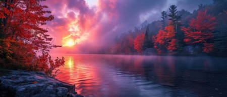 Foggy morning on the lake. Colorful autumn landscape.の素材