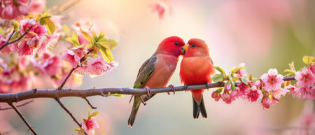 Two red lovebirds are sitting on a branch of blooming sakuraの素材